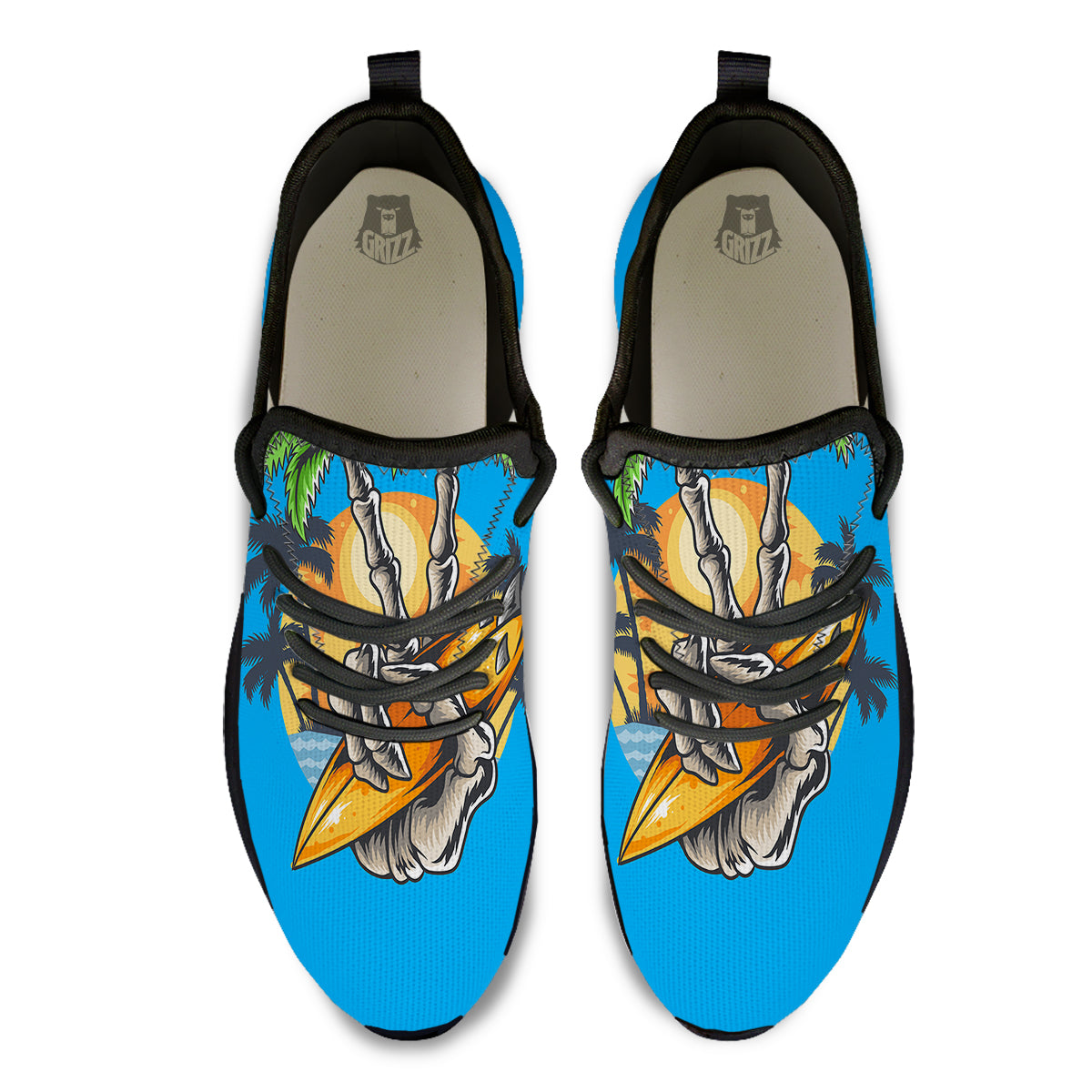 Tropical Skull Hand Print Black Athletic Shoes-grizzshop