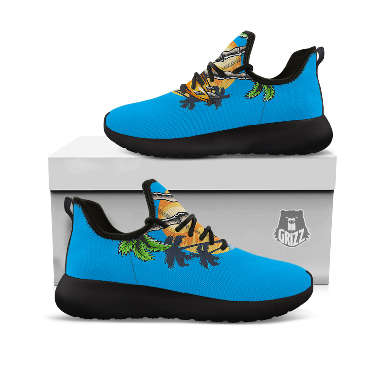 Tropical Skull Hand Print Black Athletic Shoes-grizzshop