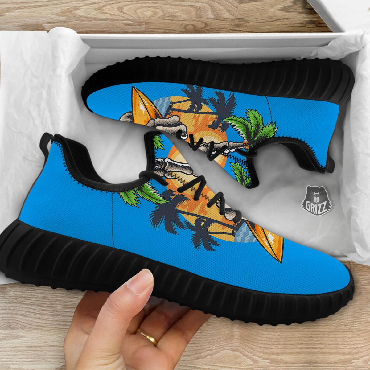 Tropical Skull Hand Print Black Walking Shoes-grizzshop