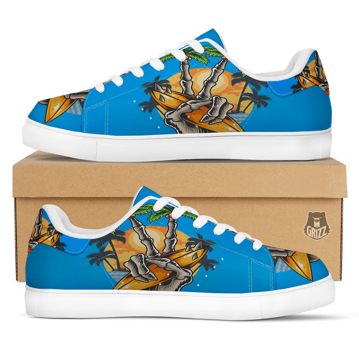 Tropical Skull Hand Print White Low Top Sneakers-grizzshop