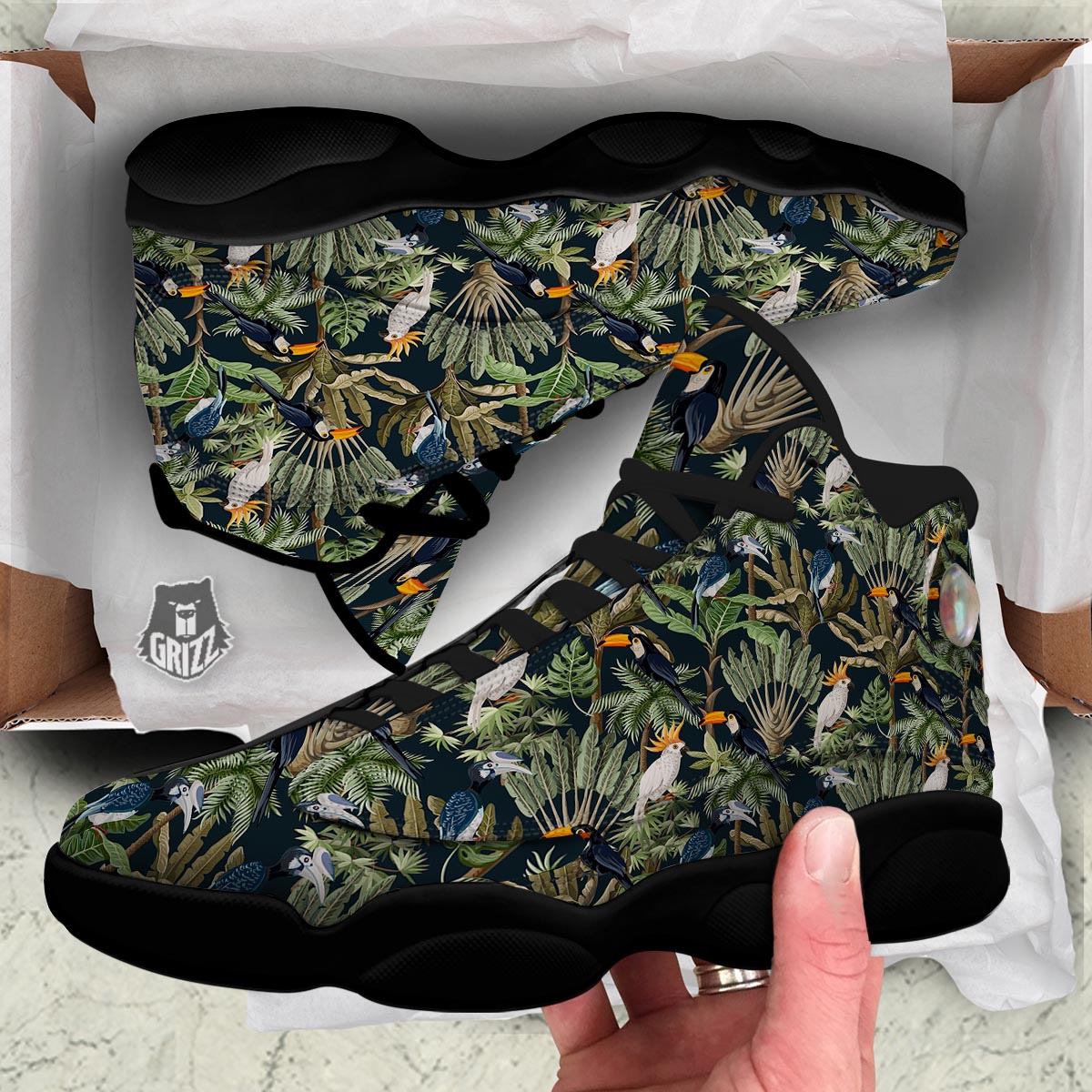 Tropical Toucan Parrot Print Pattern Black Basketball Shoes-grizzshop