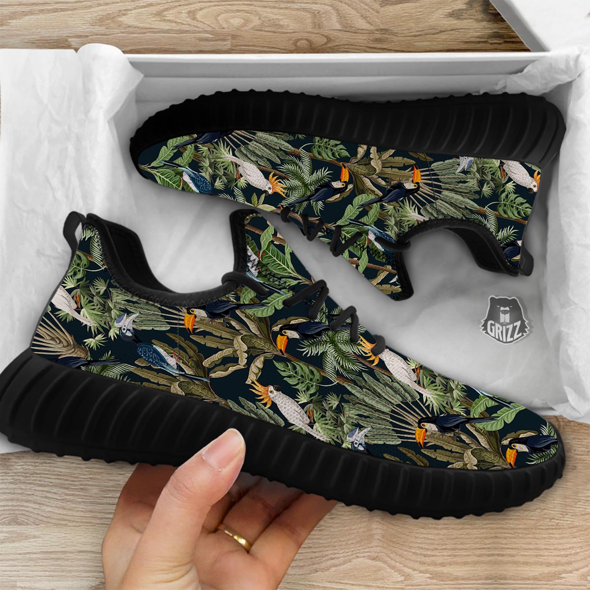 Tropical Toucan Parrot Print Pattern Black Walking Shoes-grizzshop