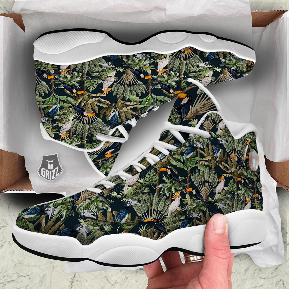 Tropical Toucan Parrot Print Pattern White Basketball Shoes-grizzshop