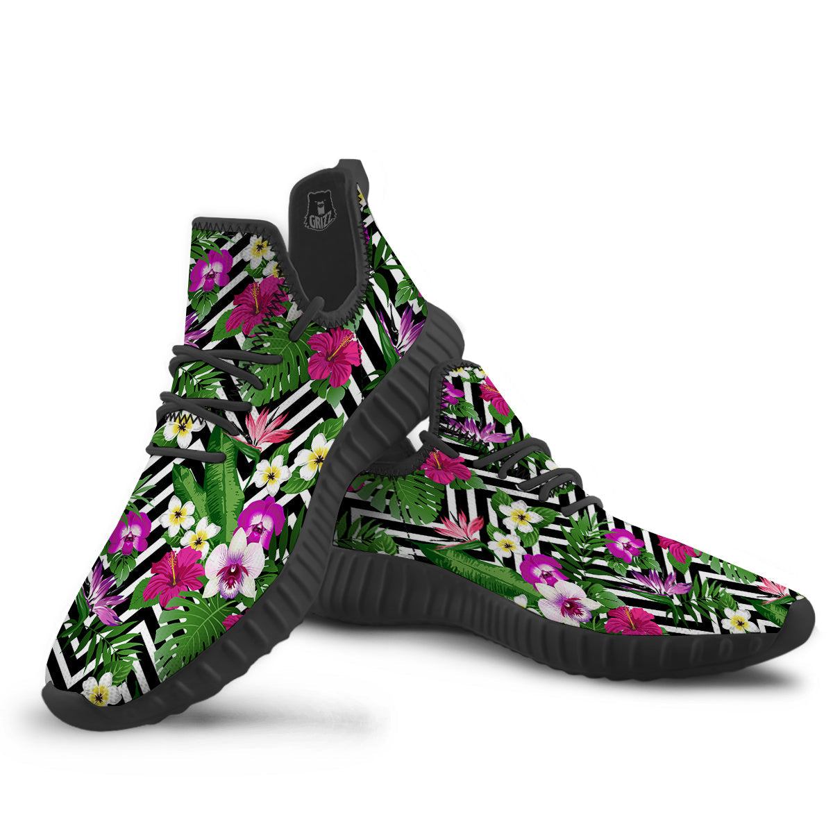 Tropical Zig Zag Print Pattern Black Walking Shoes-grizzshop