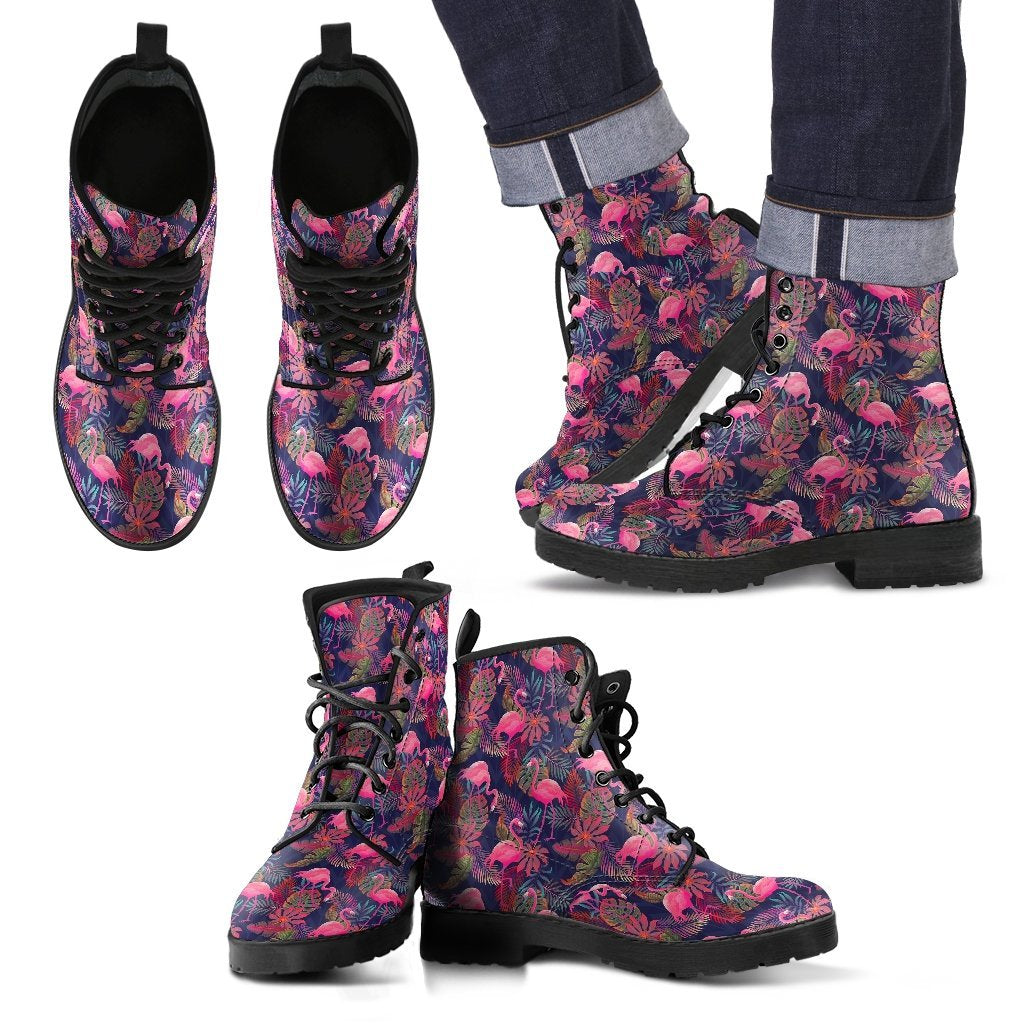 Tropical Flamingo Palm Leaves Hawaiian Floral Pattern Print Men Women Leather Boots-grizzshop