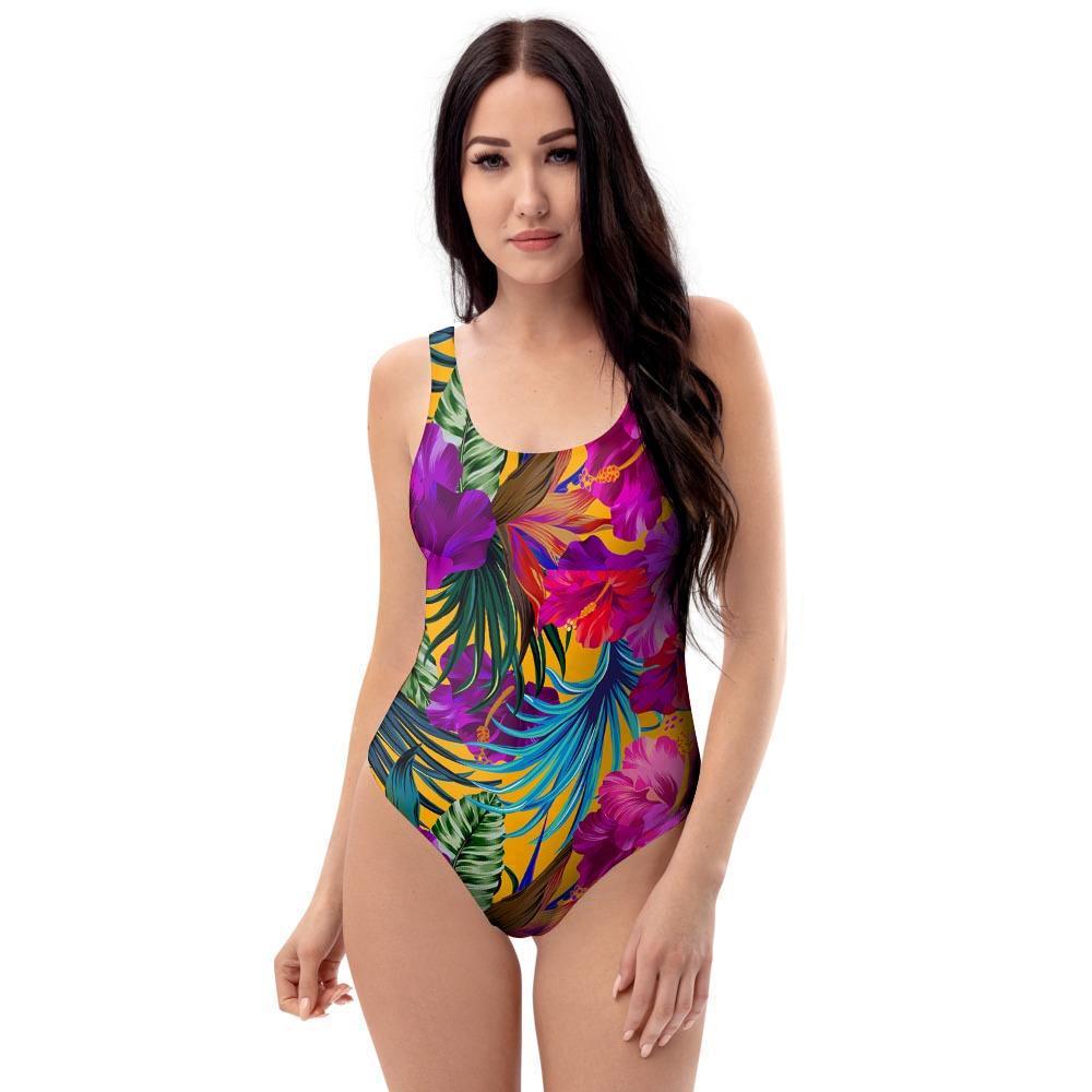 Tropical Hibiscus Flower Hawaiian Print One Piece Swimsuite-grizzshop
