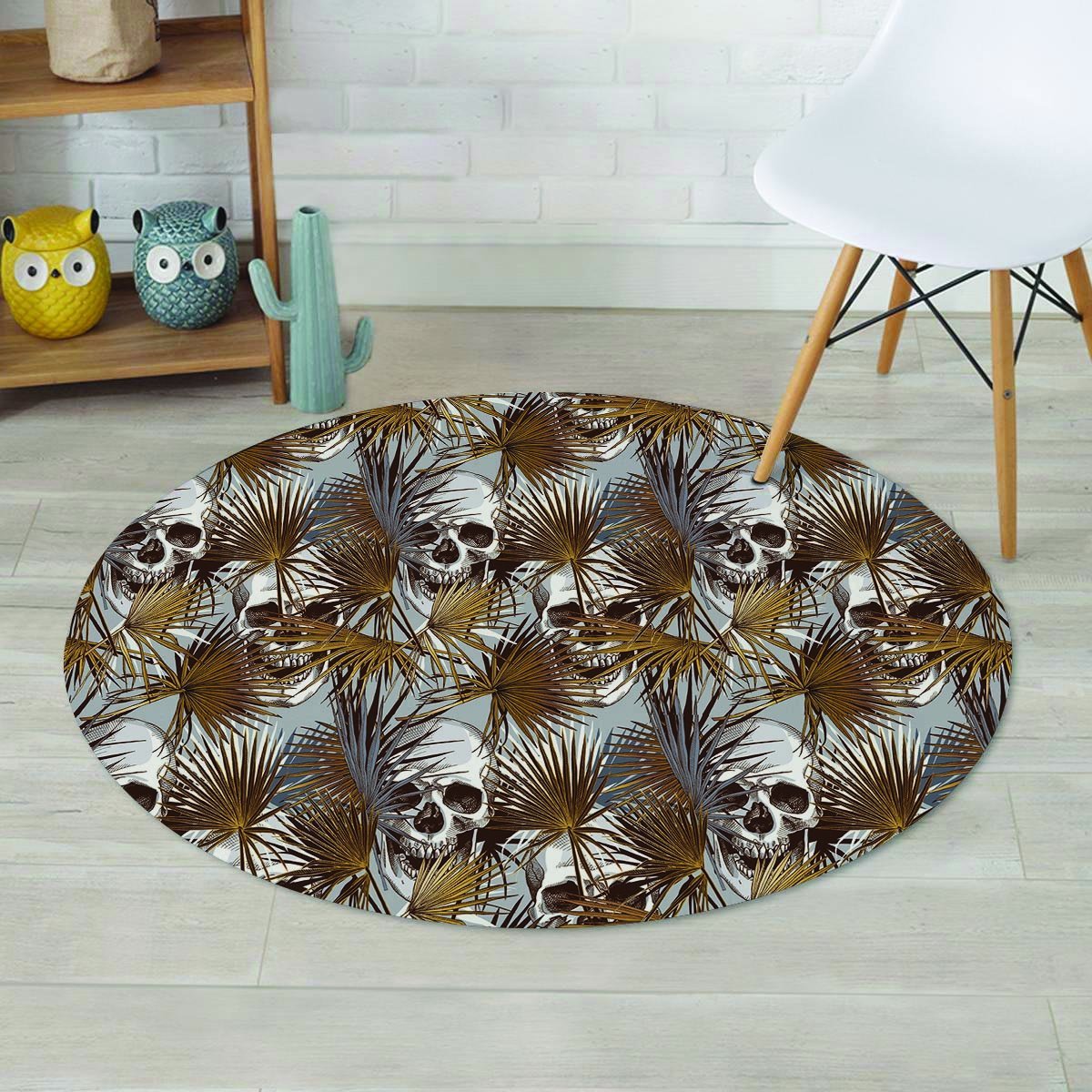 Tropical Leaf Skull Round Rug-grizzshop