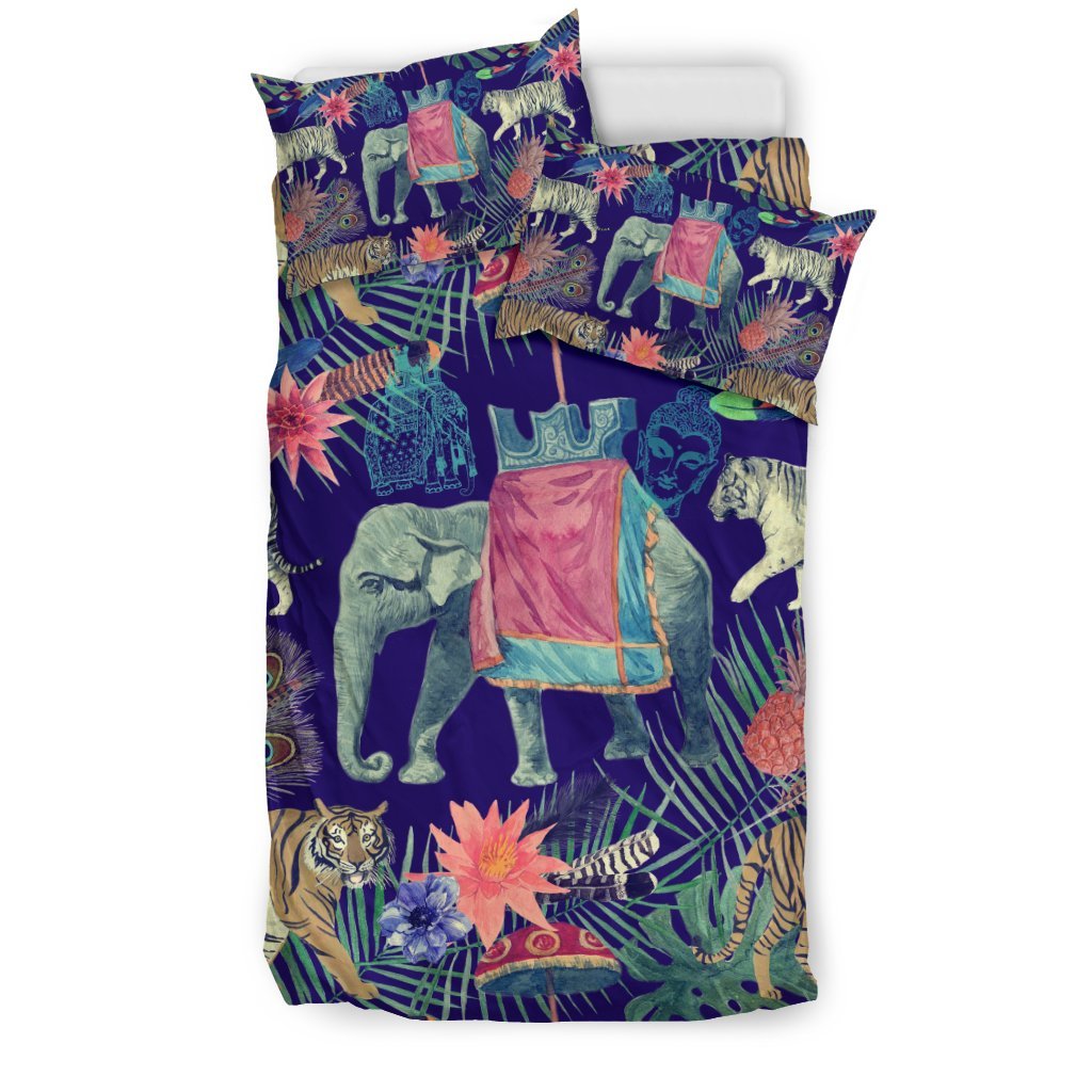 Tropical Palm Leave Peacock Tiger Elephant Duvet Cover Bedding Set-grizzshop