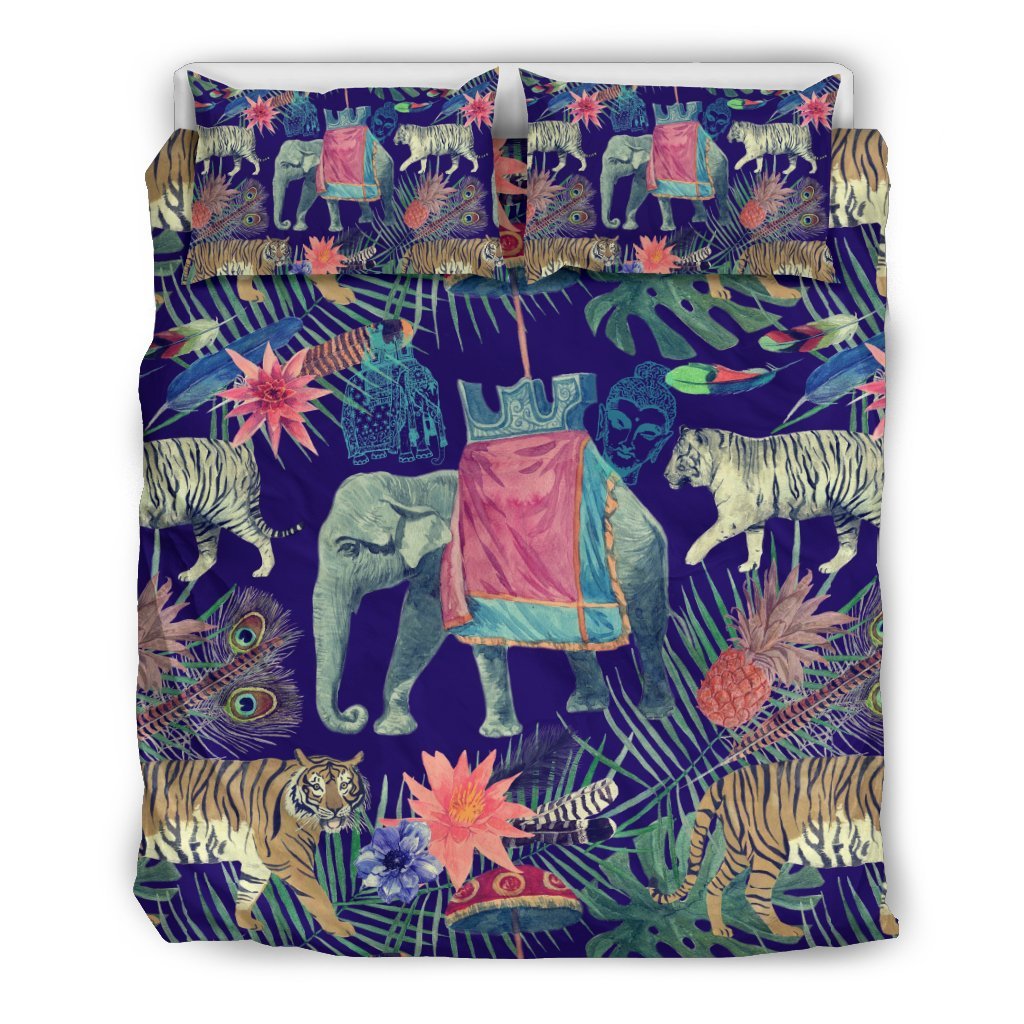 Tropical Palm Leave Peacock Tiger Elephant Duvet Cover Bedding Set-grizzshop