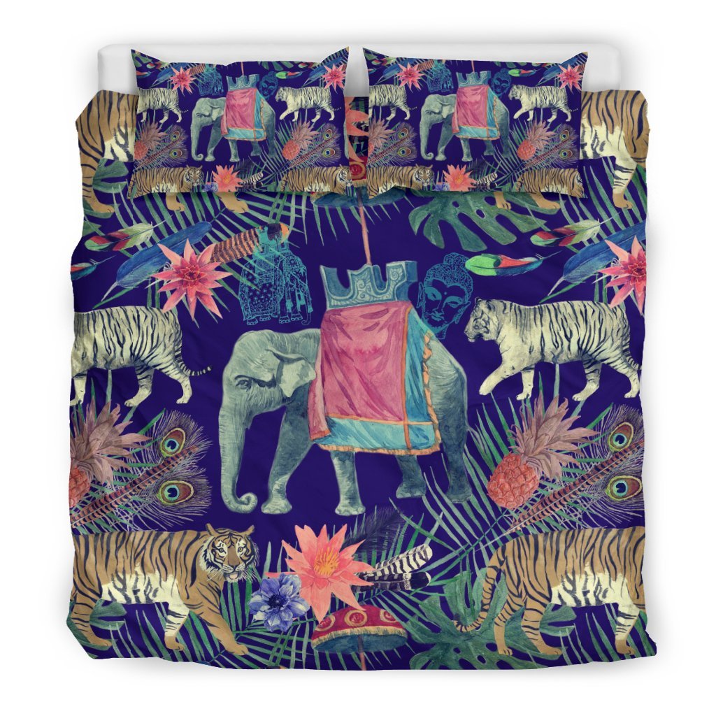 Tropical Palm Leave Peacock Tiger Elephant Duvet Cover Bedding Set-grizzshop