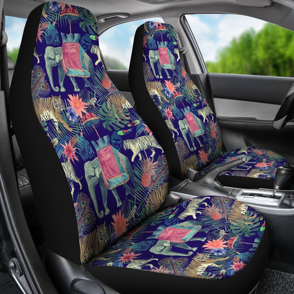 Tropical Palm Leave Peacock Tiger Elephant Universal Fit Car Seat Cover-grizzshop