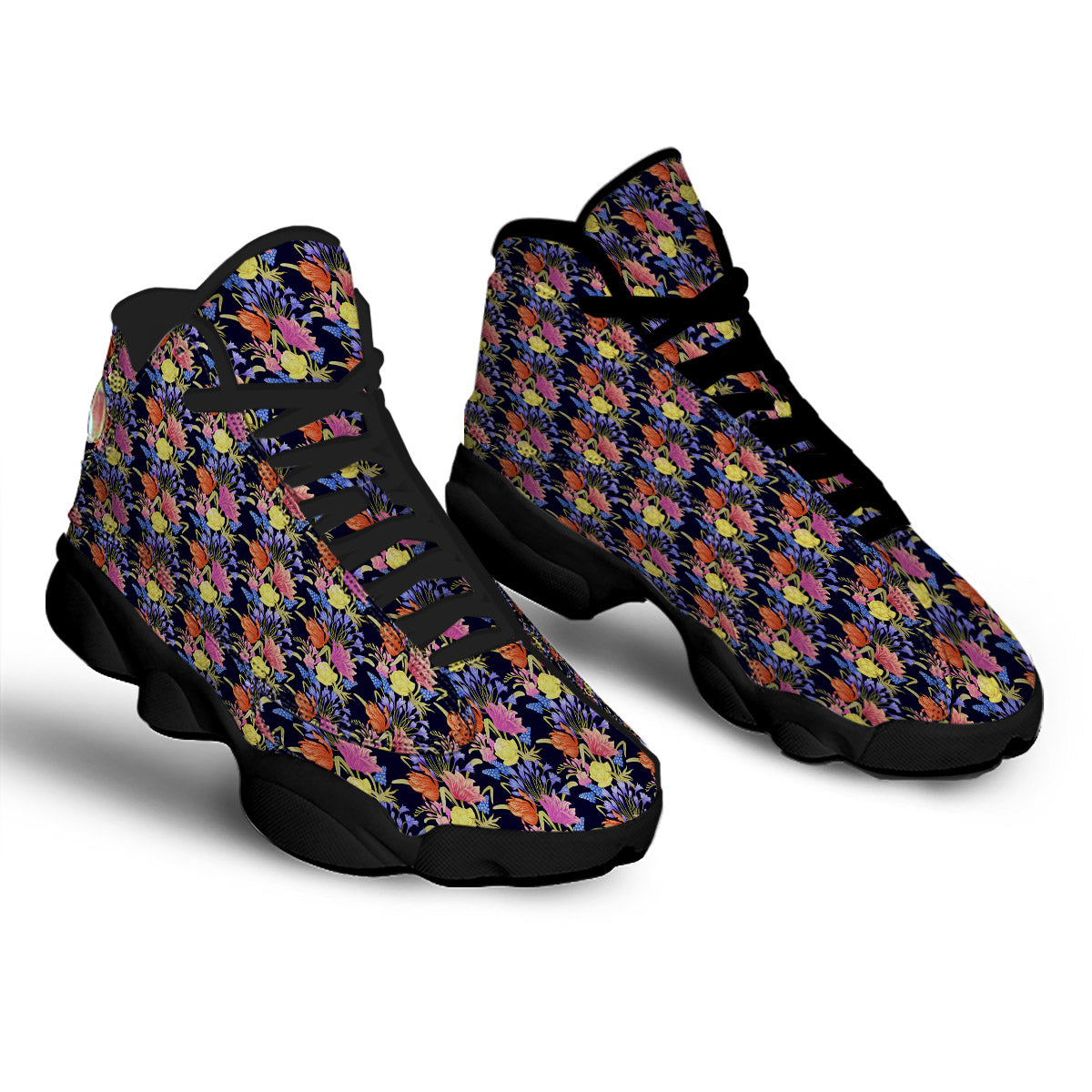 Tulip Colorful Print Pattern Black Basketball Shoes-grizzshop