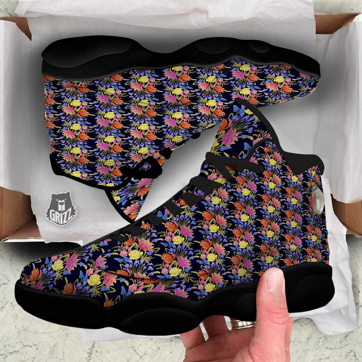 Tulip Colorful Print Pattern Black Basketball Shoes-grizzshop