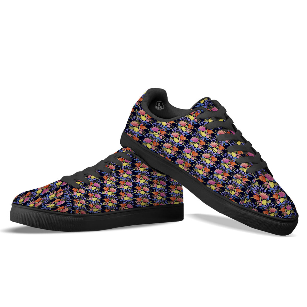 Tulip Colorful Print Pattern Black Low Top Sneakers-grizzshop