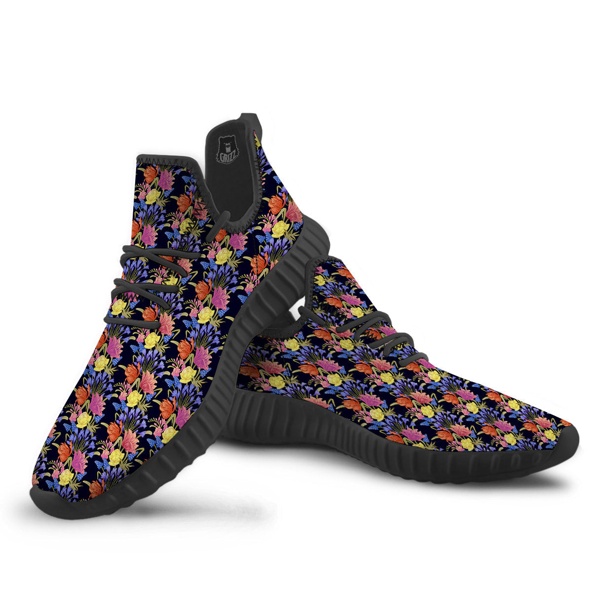 Tulip Colorful Print Pattern Black Walking Shoes-grizzshop