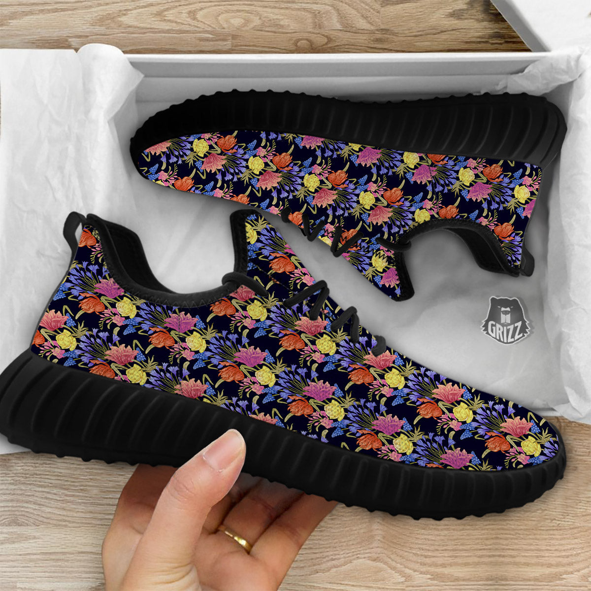Tulip Colorful Print Pattern Black Walking Shoes-grizzshop