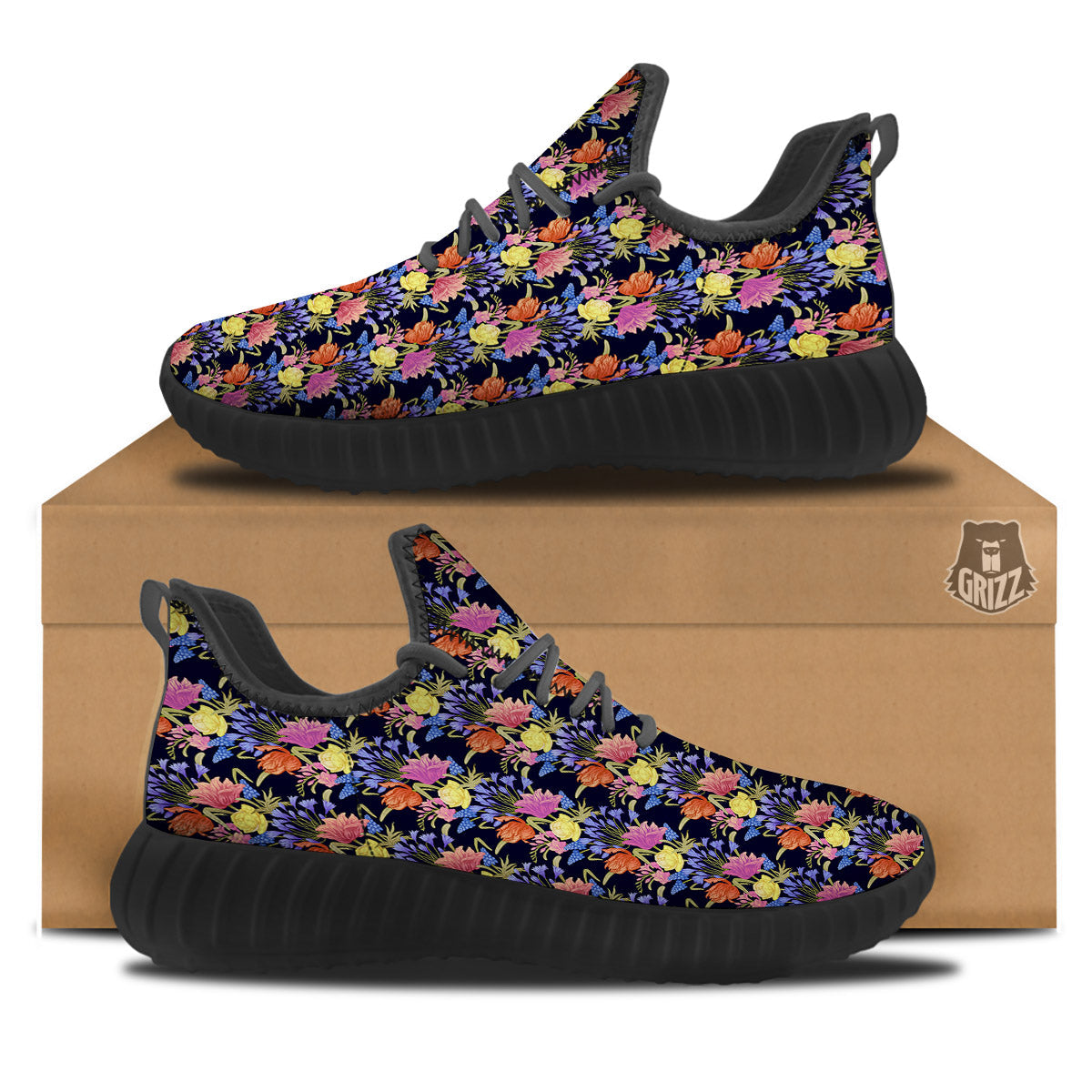 Tulip Colorful Print Pattern Black Walking Shoes-grizzshop