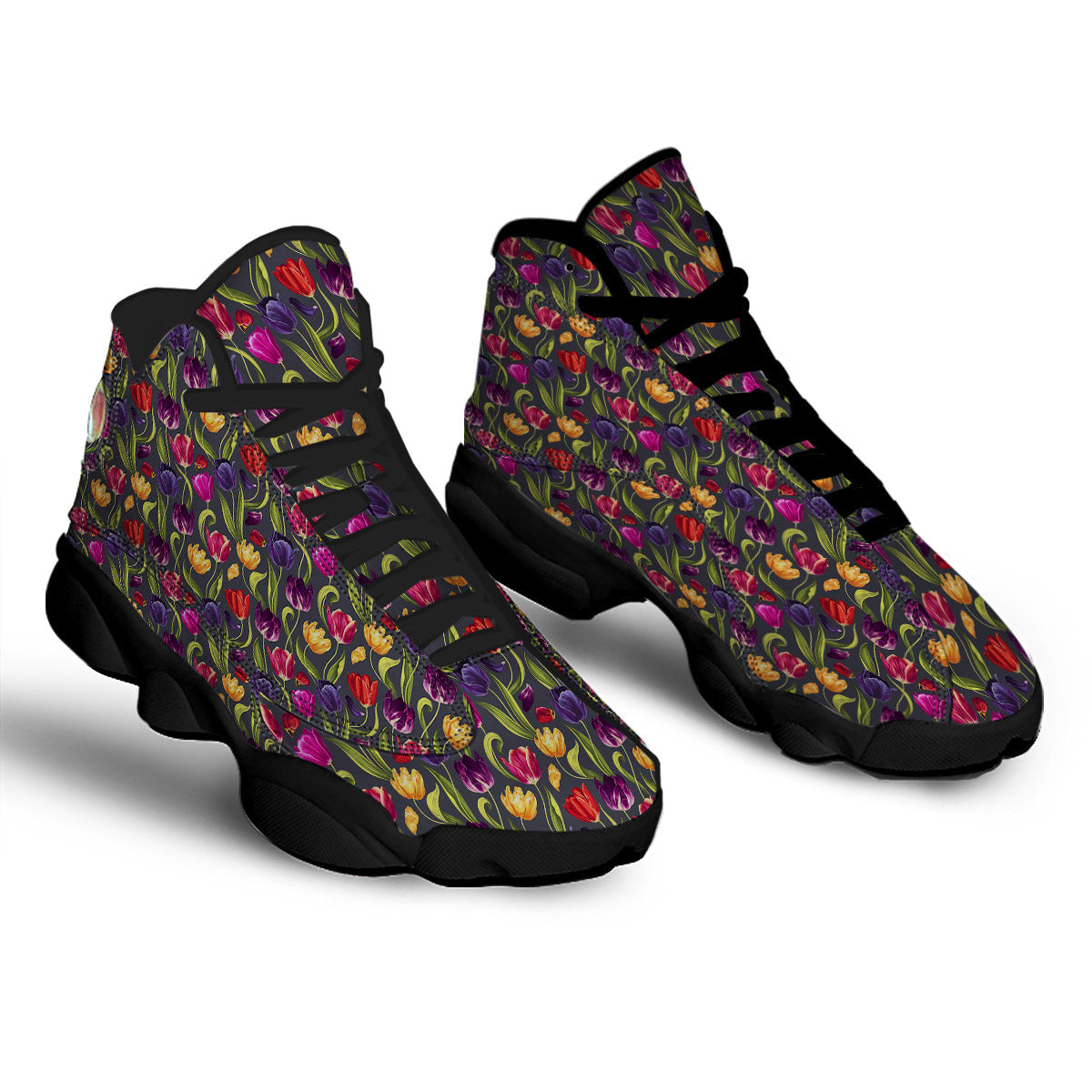 Tulip Colorful Watercolor Print Pattern Black Basketball Shoes-grizzshop