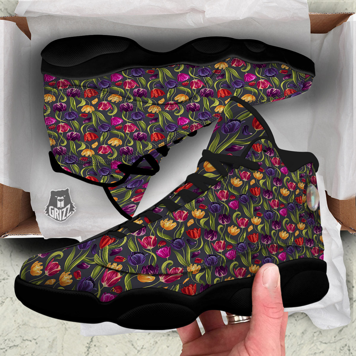 Tulip Colorful Watercolor Print Pattern Black Basketball Shoes-grizzshop