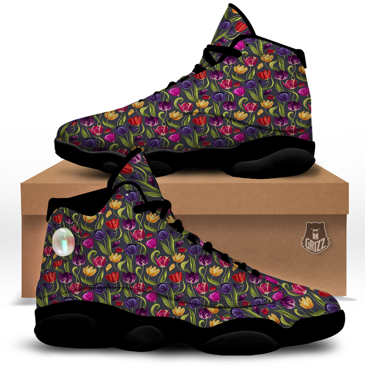 Tulip Colorful Watercolor Print Pattern Black Basketball Shoes-grizzshop