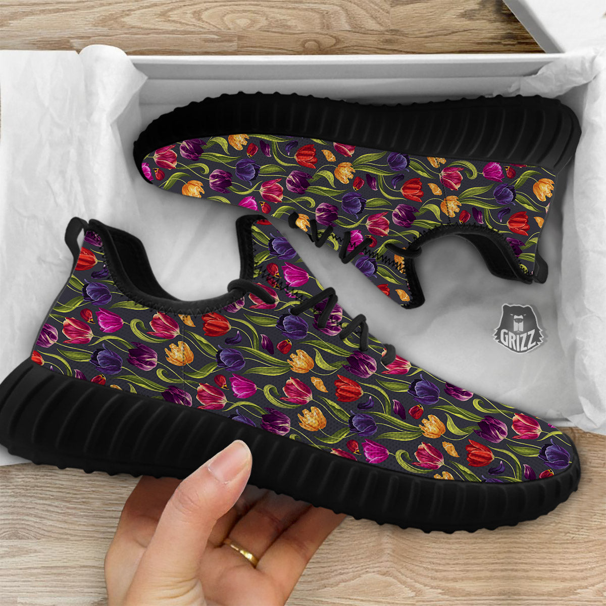 Tulip Colorful Watercolor Print Pattern Black Walking Shoes-grizzshop