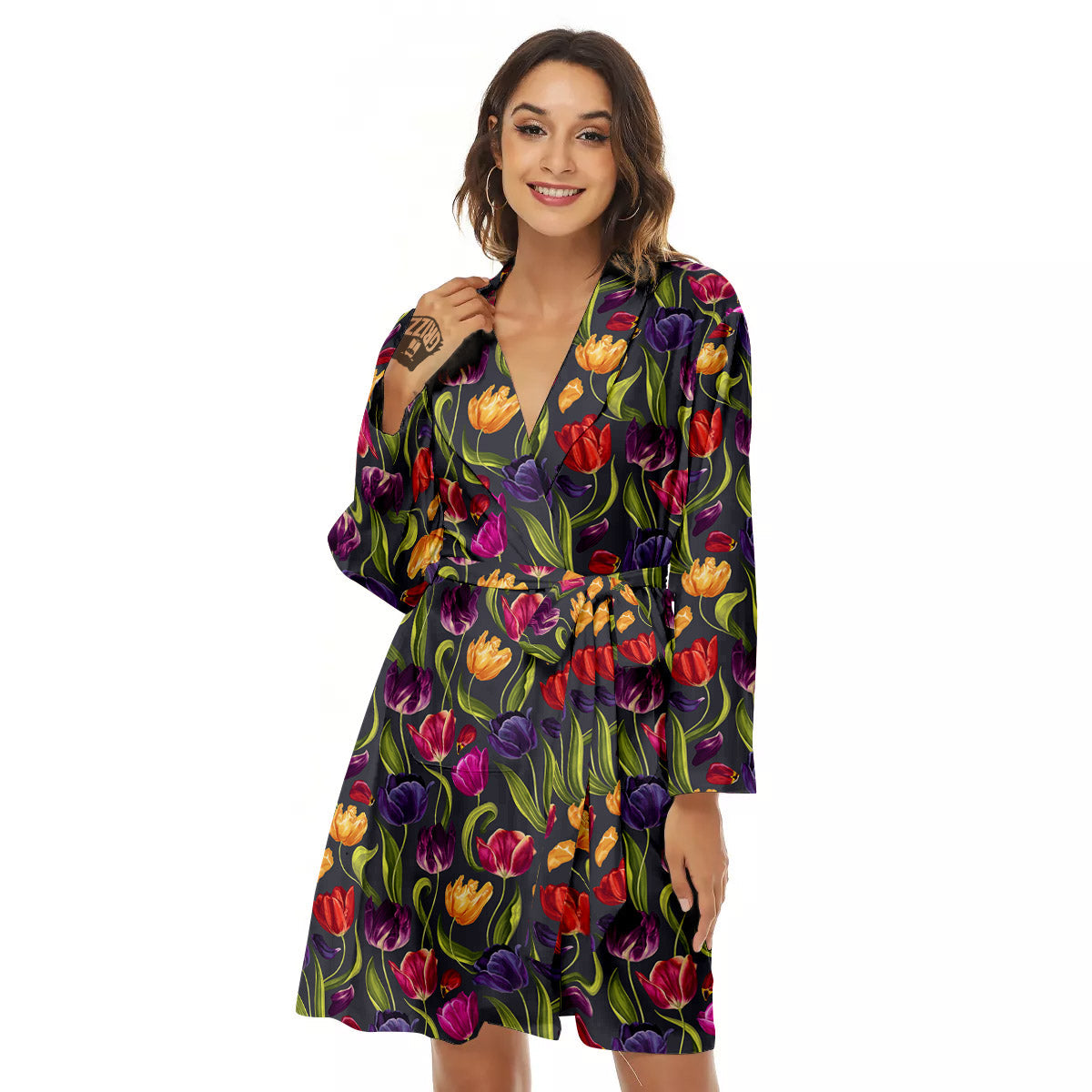 Tulip Colorful Watercolor Print Pattern Women's Robe-grizzshop