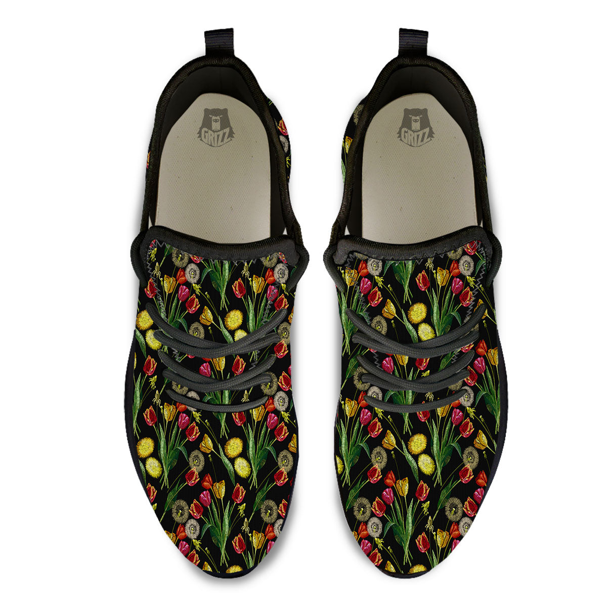 Tulip Embroidery Print Pattern Black Athletic Shoes-grizzshop
