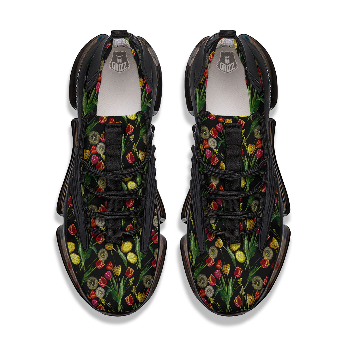 Tulip Embroidery Print Pattern Black Gym Shoes-grizzshop