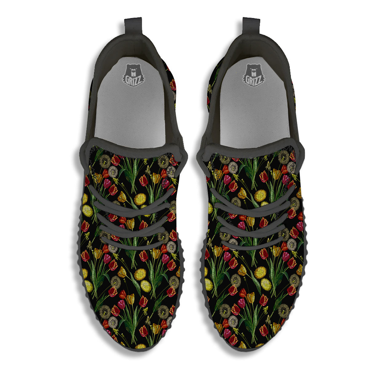 Tulip Embroidery Print Pattern Black Walking Shoes-grizzshop