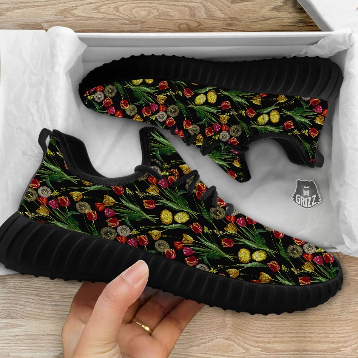 Tulip Embroidery Print Pattern Black Walking Shoes-grizzshop