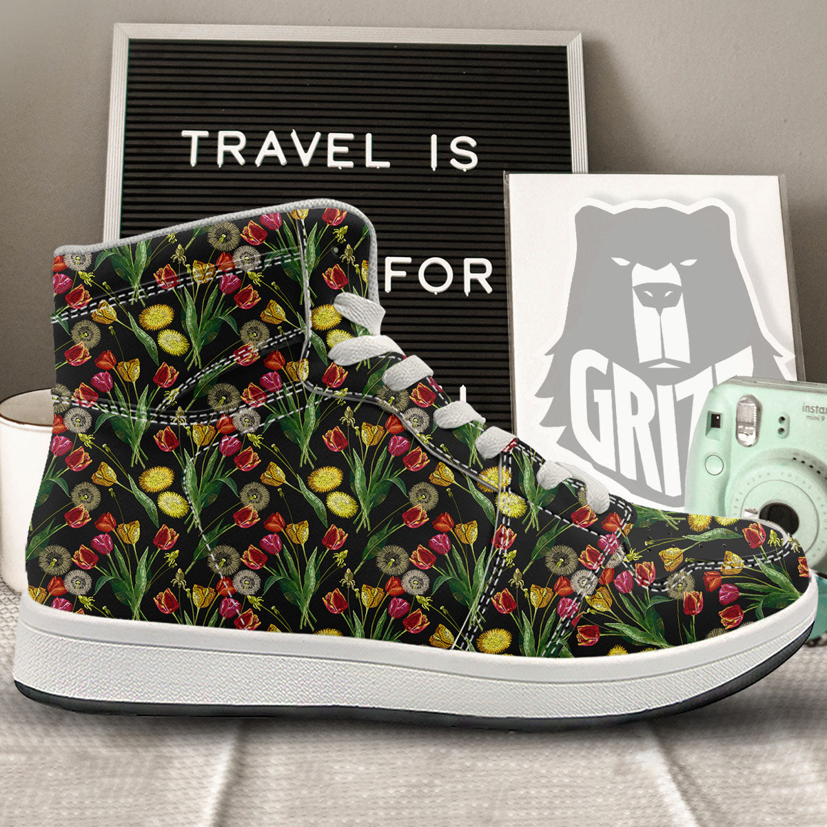 Tulip Embroidery Print Pattern High Top Sneakers-grizzshop