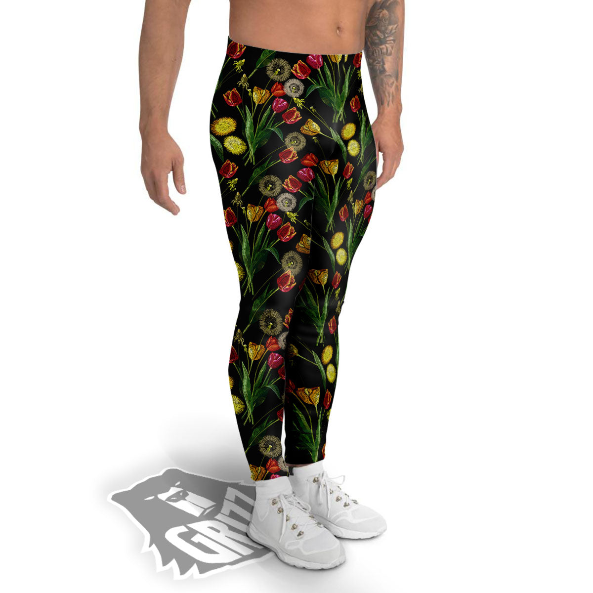 Tulip Embroidery Print Pattern Men's Leggings-grizzshop