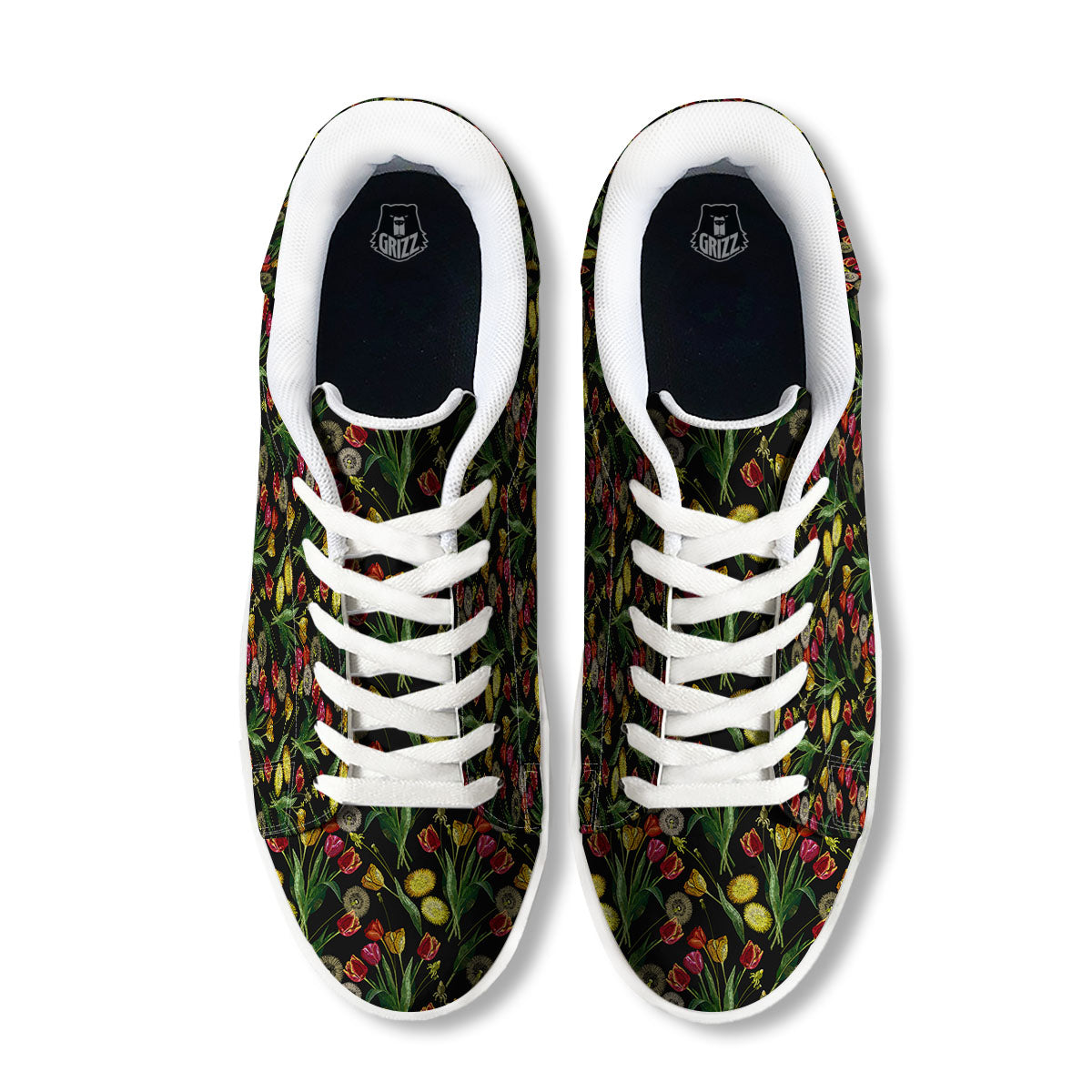 Tulip Embroidery Print Pattern White Low Top Sneakers-grizzshop