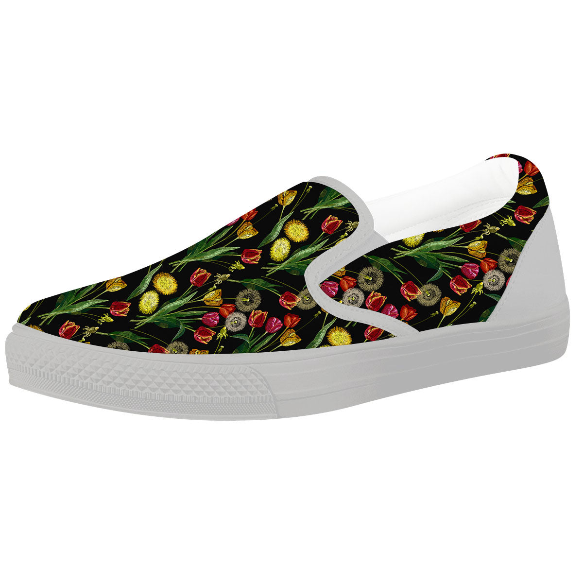 Tulip Embroidery Print Pattern White Slip On Shoes-grizzshop