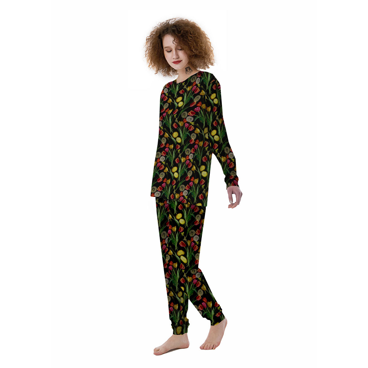 Tulip Embroidery Print Pattern Women's Pajamas-grizzshop