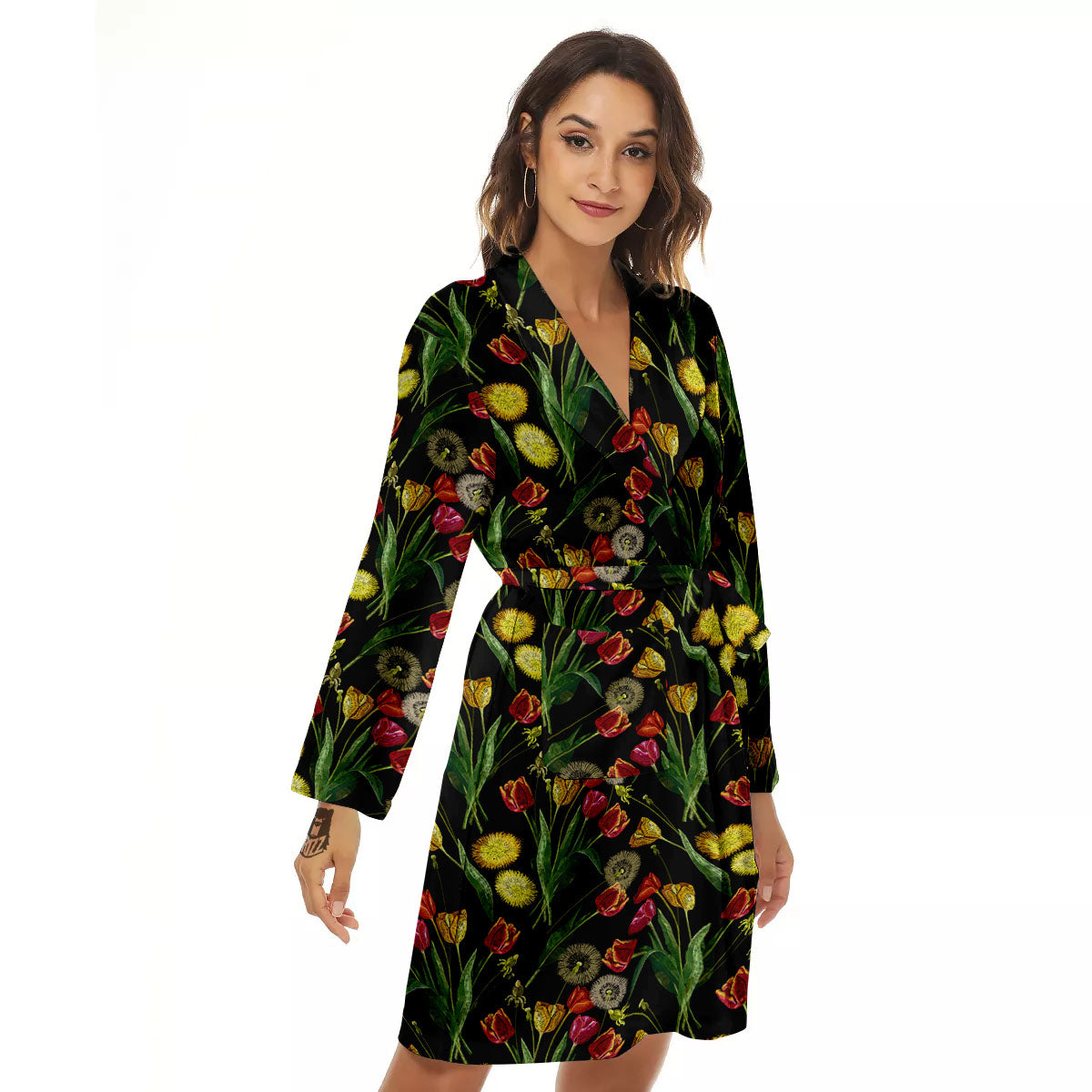 Tulip Embroidery Print Pattern Women's Robe-grizzshop