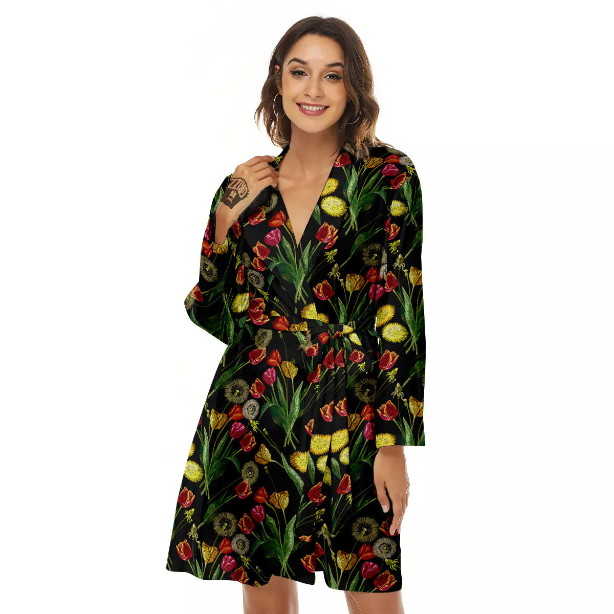 Tulip Embroidery Print Pattern Women's Robe-grizzshop