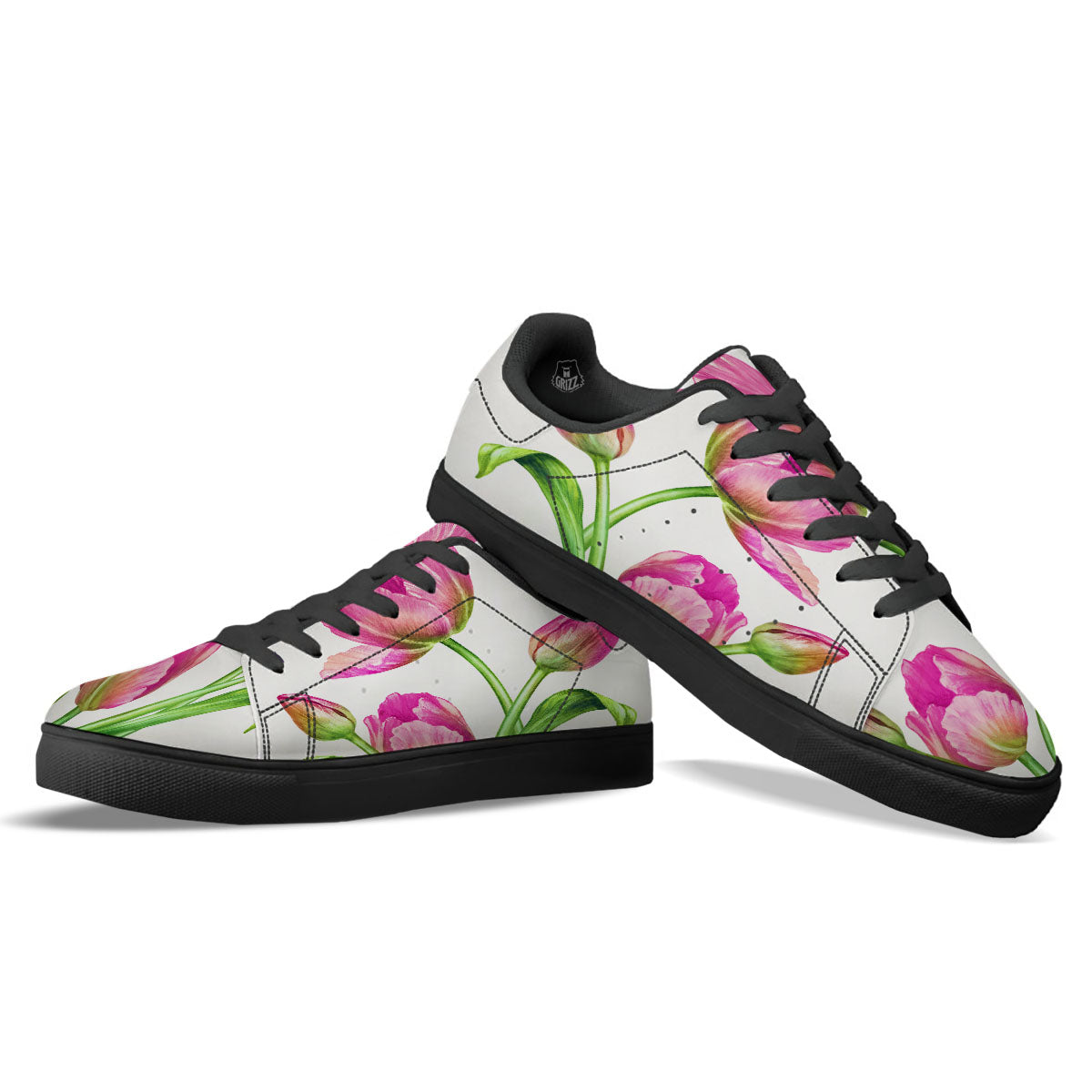 Tulip Flower Pink Watercolor Print Black Low Top Sneakers-grizzshop