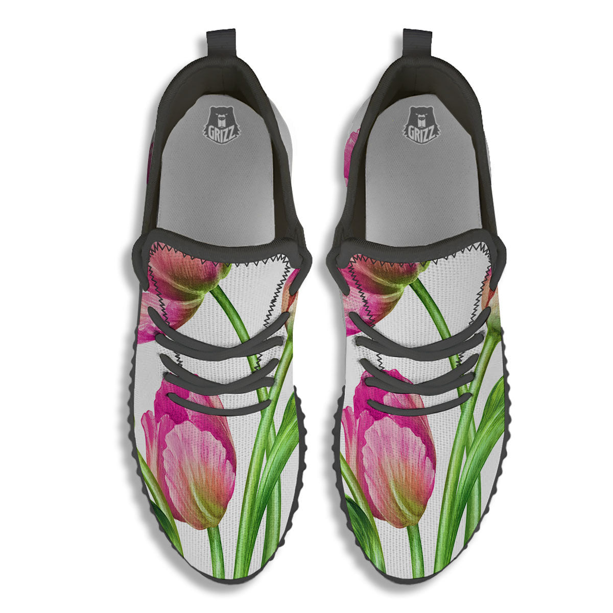 Tulip Flower Pink Watercolor Print Black Walking Shoes-grizzshop