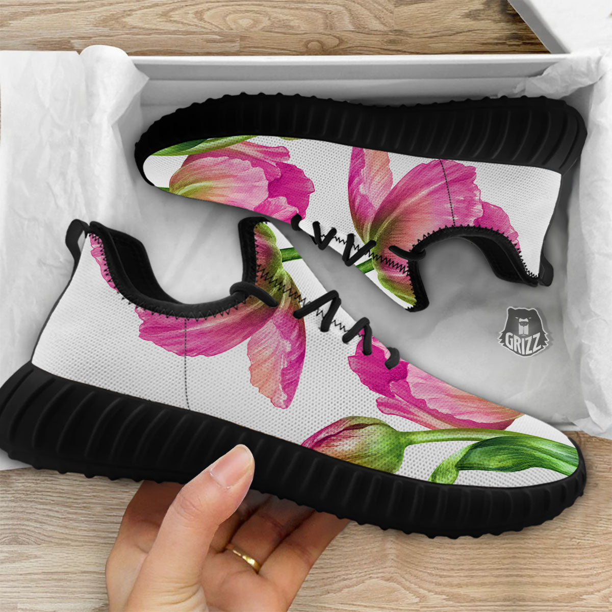 Tulip Flower Pink Watercolor Print Black Walking Shoes-grizzshop