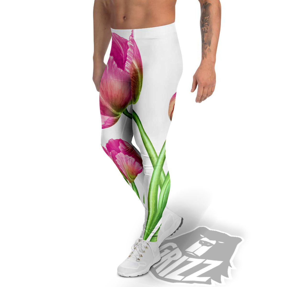 Tulip Flower Pink Watercolor Print Men's Leggings-grizzshop