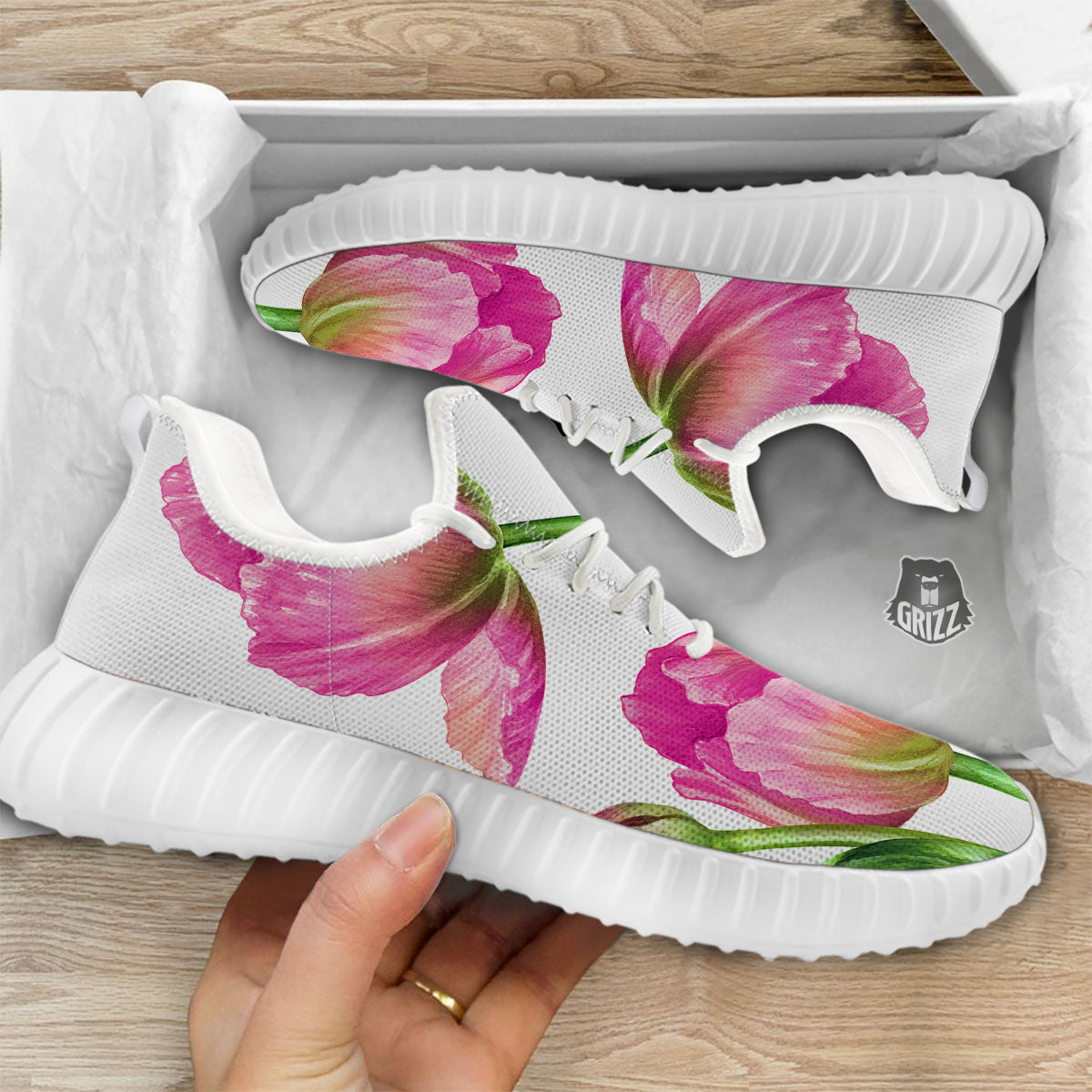Tulip Flower Pink Watercolor Print White Walking Shoes-grizzshop