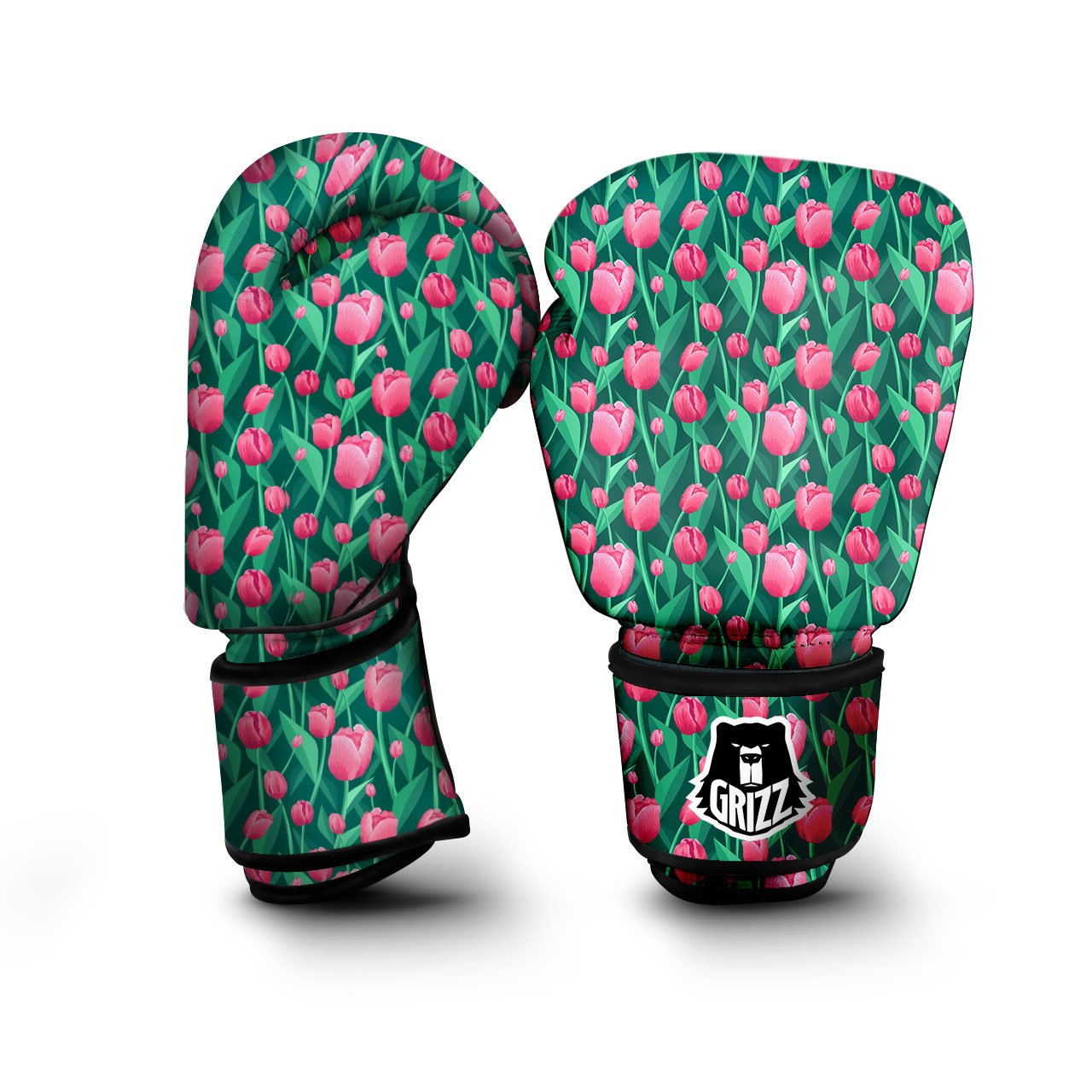 Tulip Pink Print Pattern Boxing Gloves-grizzshop