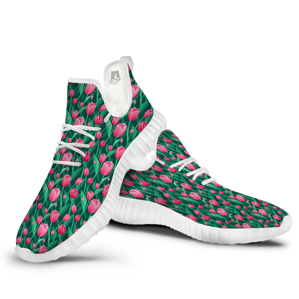 Tulip Pink Print Pattern White Walking Shoes-grizzshop