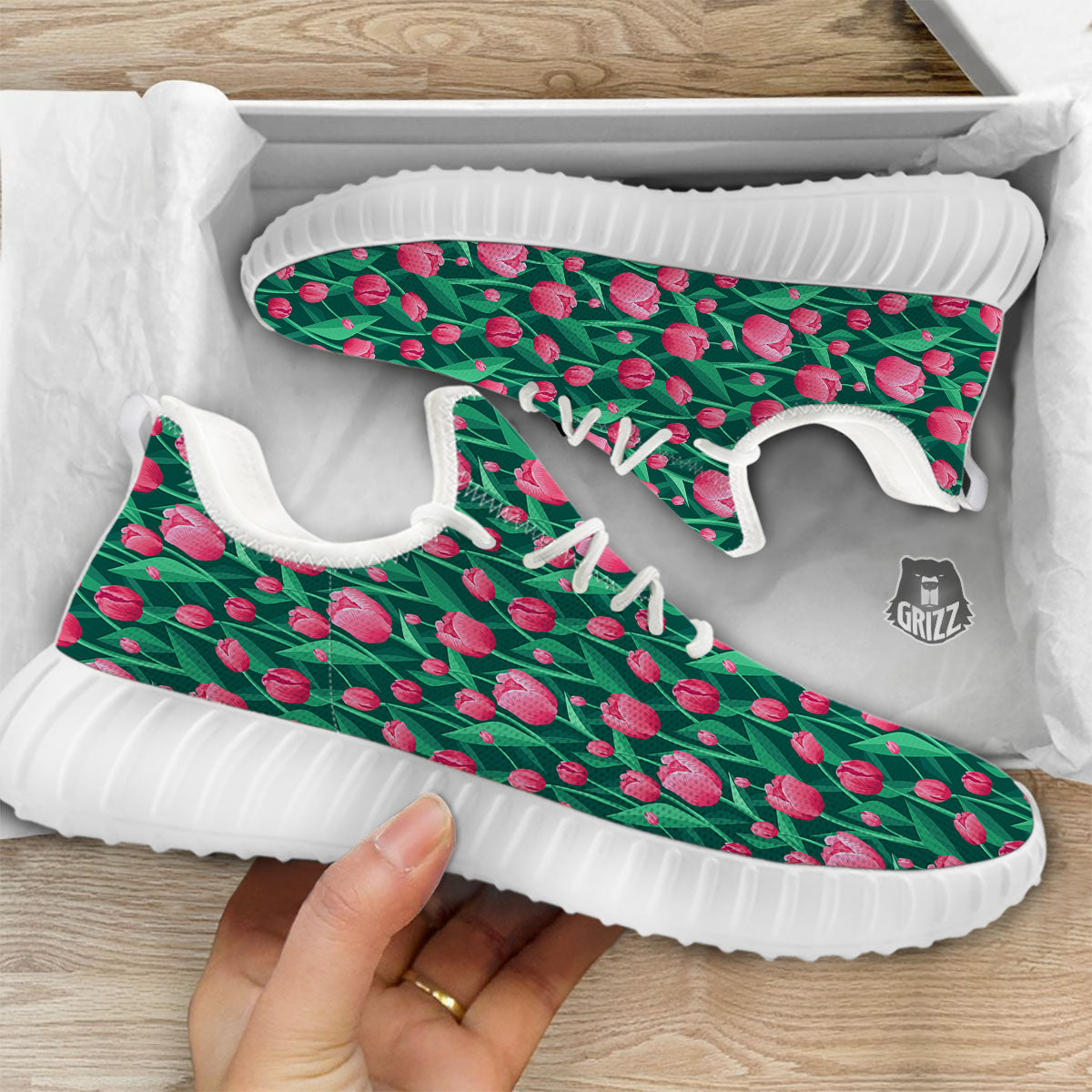 Tulip Pink Print Pattern White Walking Shoes-grizzshop