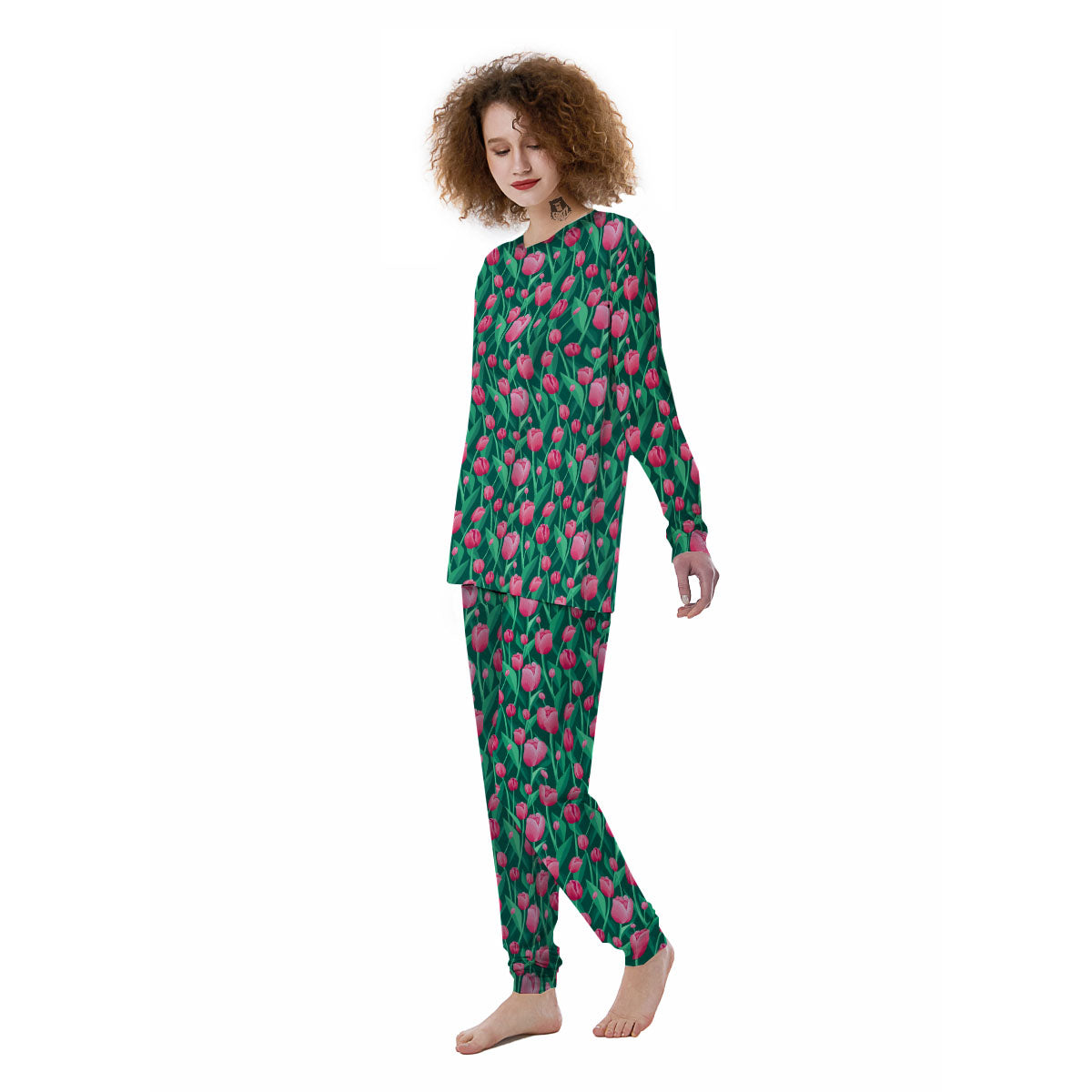 Tulip Pink Print Pattern Women's Pajamas-grizzshop