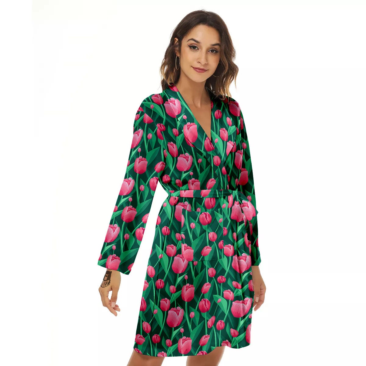 Tulip Pink Print Pattern Women's Robe-grizzshop