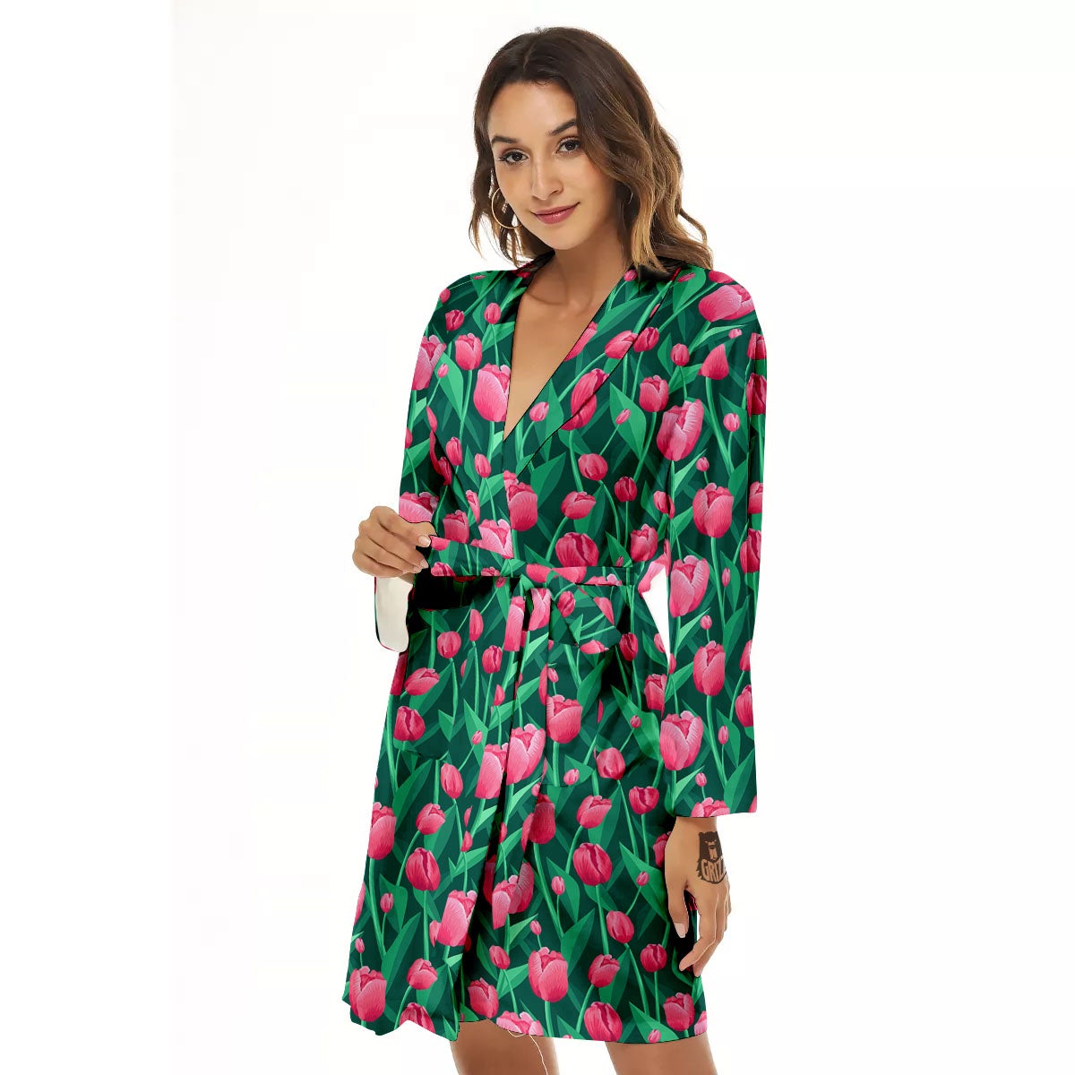 Tulip Pink Print Pattern Women's Robe-grizzshop