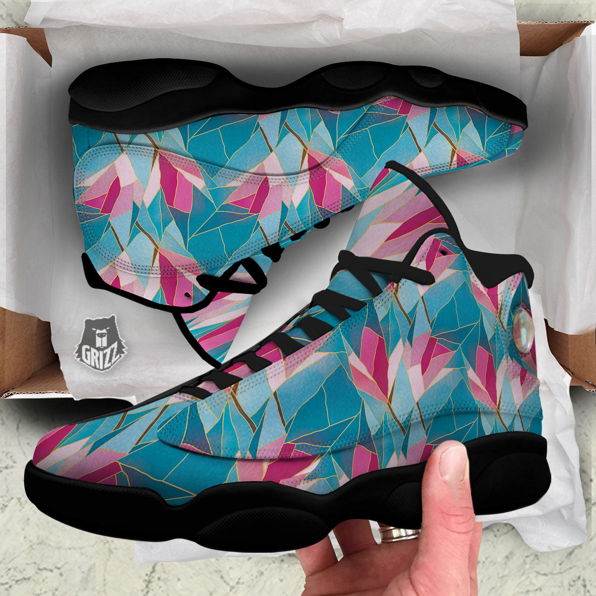 Tulip Polygon Print Pattern Black Basketball Shoes-grizzshop