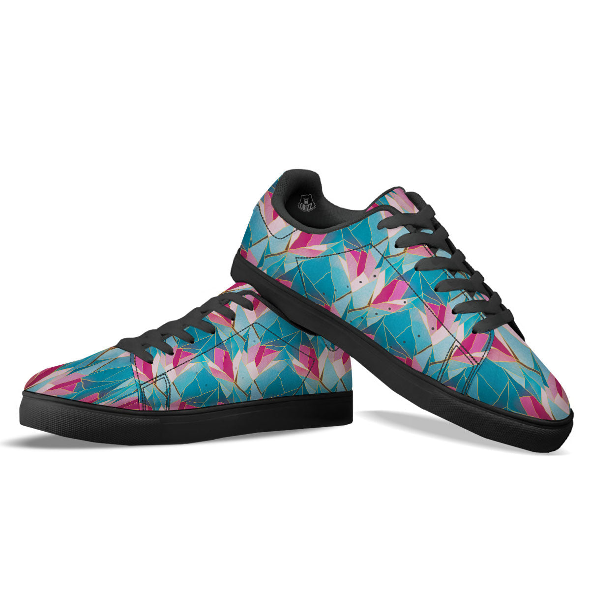 Tulip Polygon Print Pattern Black Low Top Sneakers-grizzshop